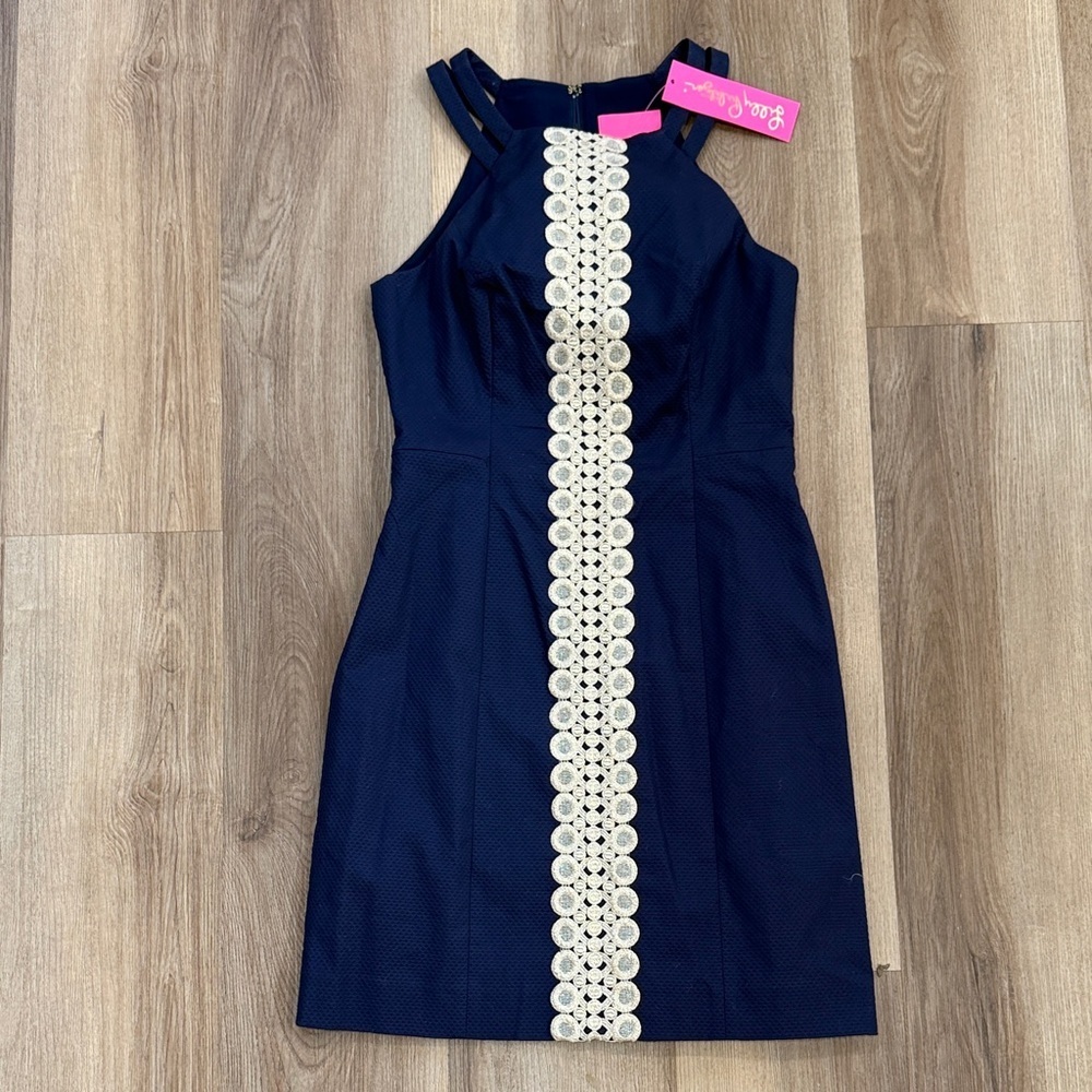 NWT $198 Lilly Pulitzer Pearl Stretch Shift Dress Navy Blue Gold Mini Size 2